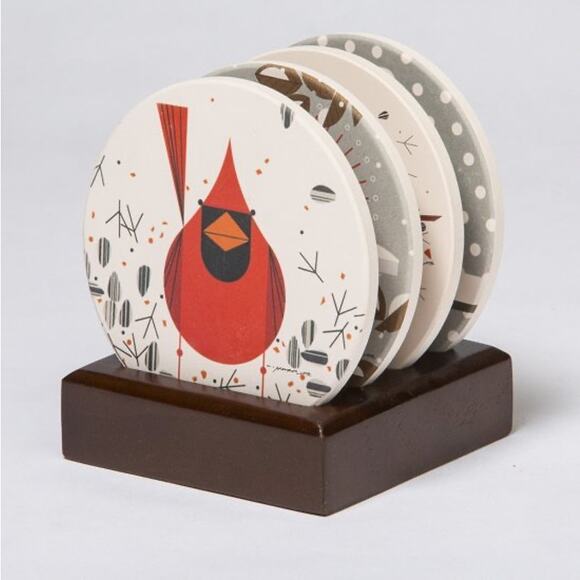 Charley Harper Cardinal Stone Coasters set of 4 with wood stand NEW - Picture 2 of 13